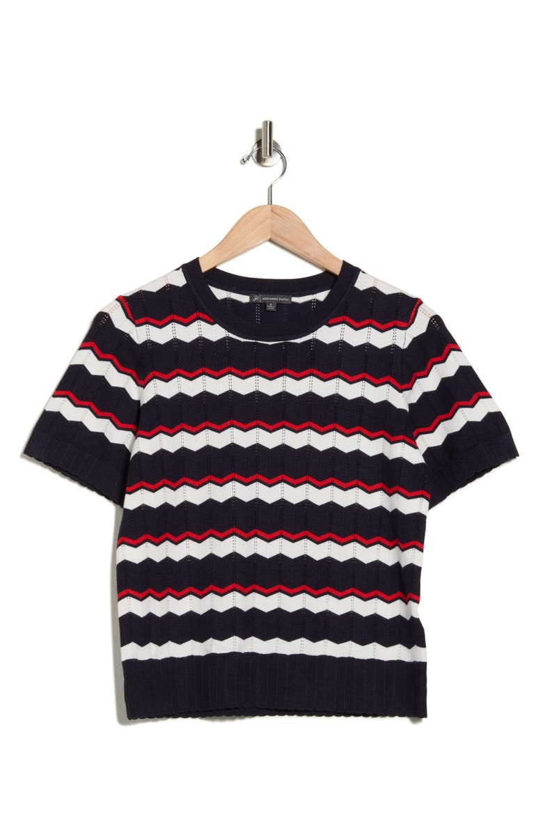 Adrianna Papell Wavy Stripe Pointelle Short Sleeve Sweater, Alternate, color, Navy/ Ivory/ Red