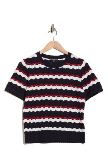 Adrianna Papell Wavy Stripe Pointelle Short Sleeve Sweater In Black