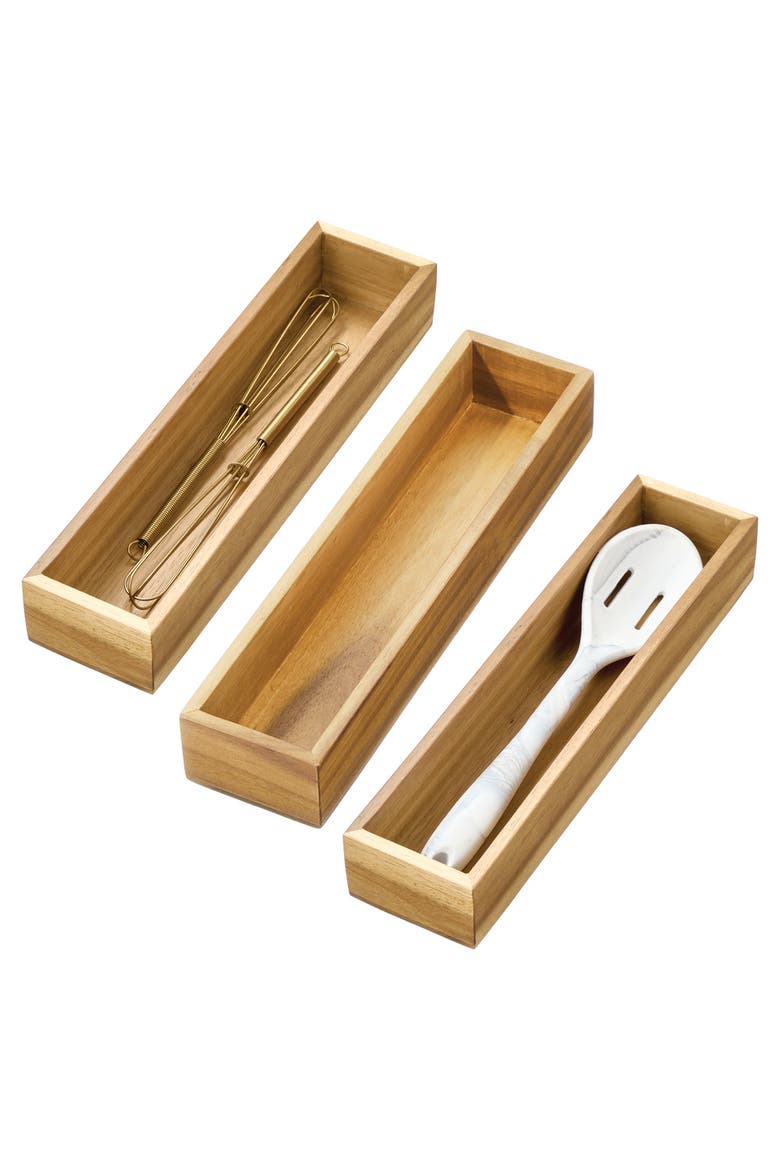 Acacia Wood Narrow Kitchen Drawer Organizer - Set of 3 - Natural, Main, color, Natural