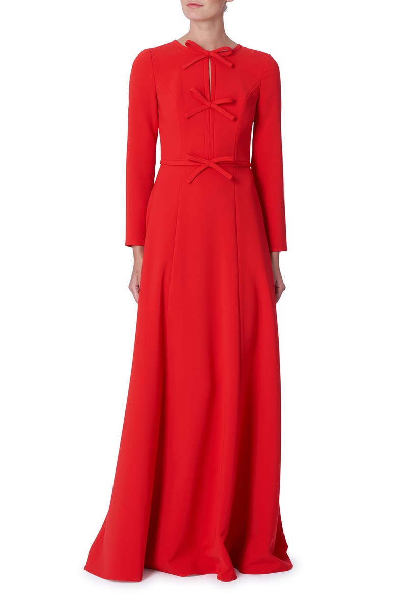 Carolina Herrera Pleated Triple Bow Cutout Long Sleeve Gown, Main, color, Poppy