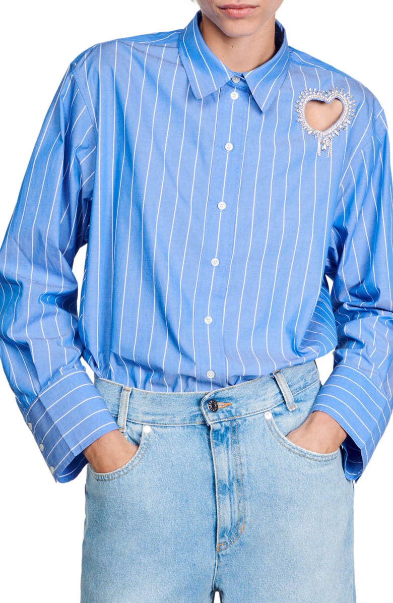 SANDRO Lovely Heart Cutout Stripe Button-Up Shirt, Alternate, color, 