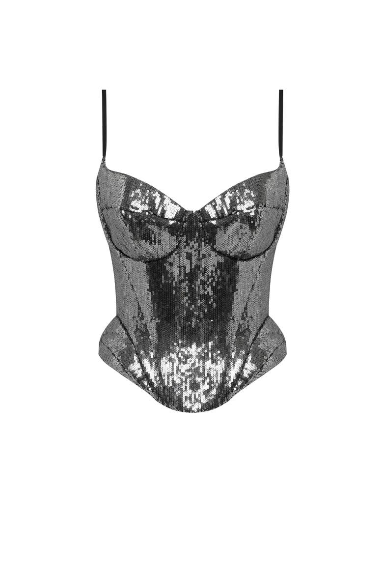 Fitted Hourglass Spaghetti Strap Sequined Corset for Cocktail Events, Alternate, color, Gray