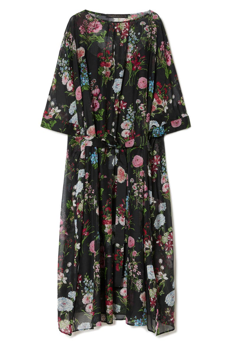 Kaki Floral Print Voile Midi Dress, Alternate, color, BLACK