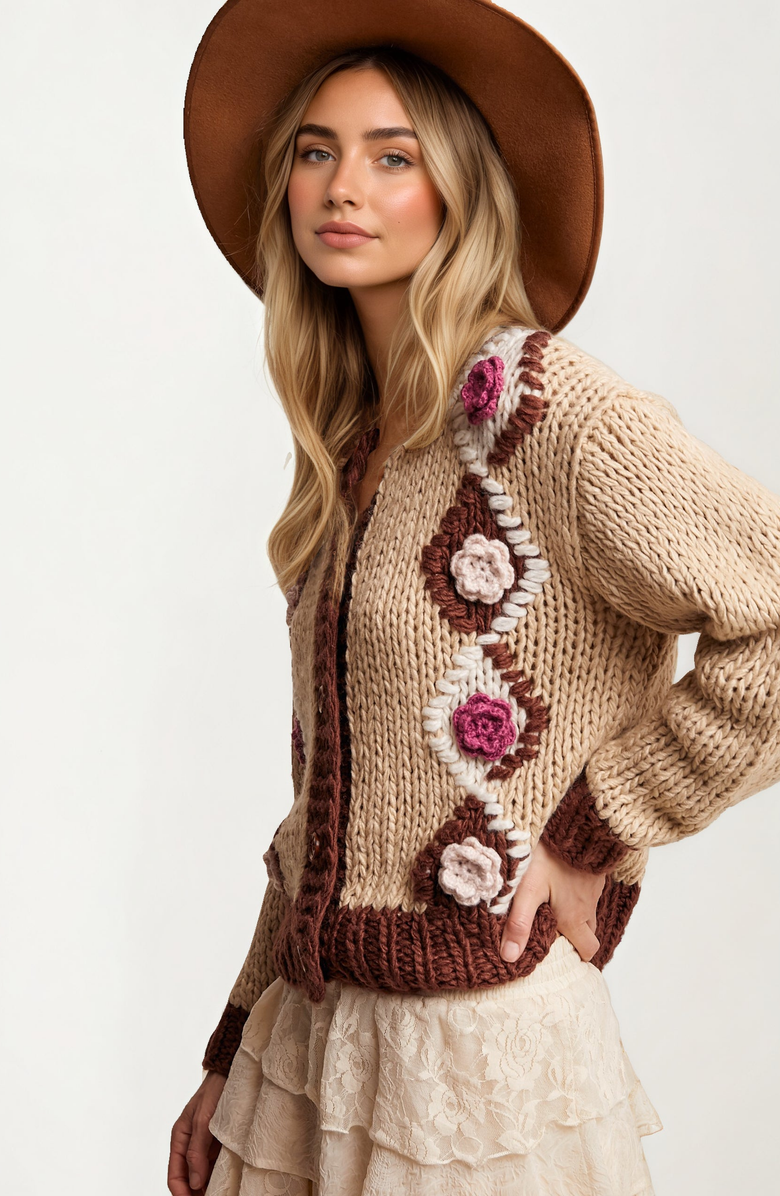 Knit and Lounge Chunky Floral Crochet Knit Cardigan, Alternate, color, Brown With Floral Accents