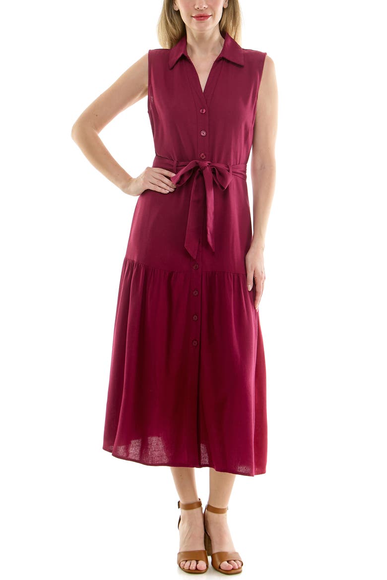 Sleeveless Belted Shirtdress, Alternate, color, BURGUNDY