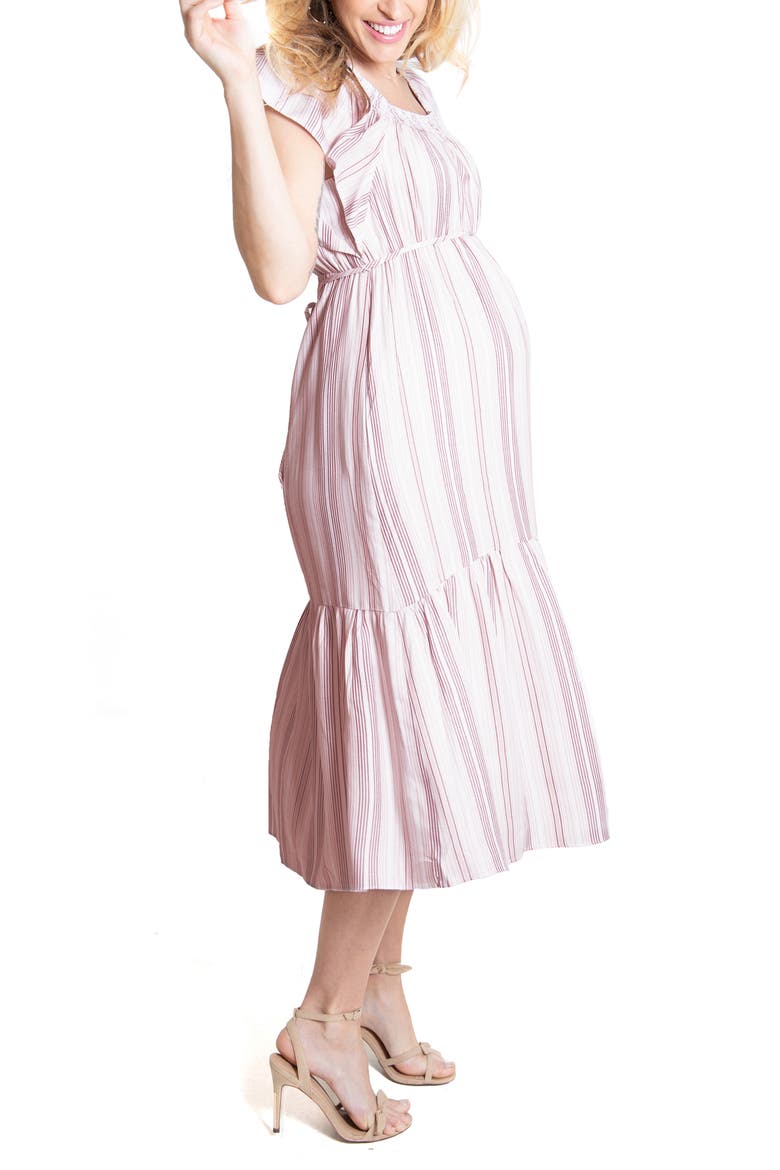 Ingrid & Isabel® Flutter Sleeve Maternity Midi Dress, Alternate, color, PINK MULTI STRIPE