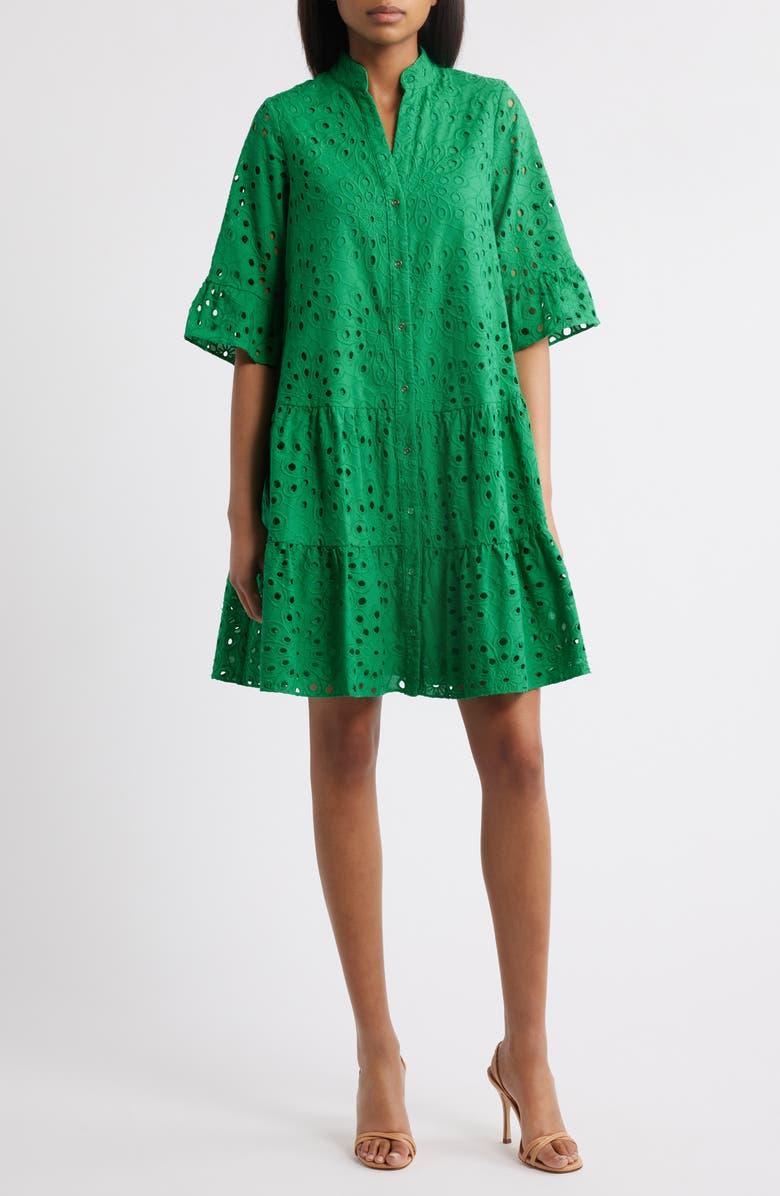 Anne Klein Eyelet Tiered Shirtdress, Main, color, 