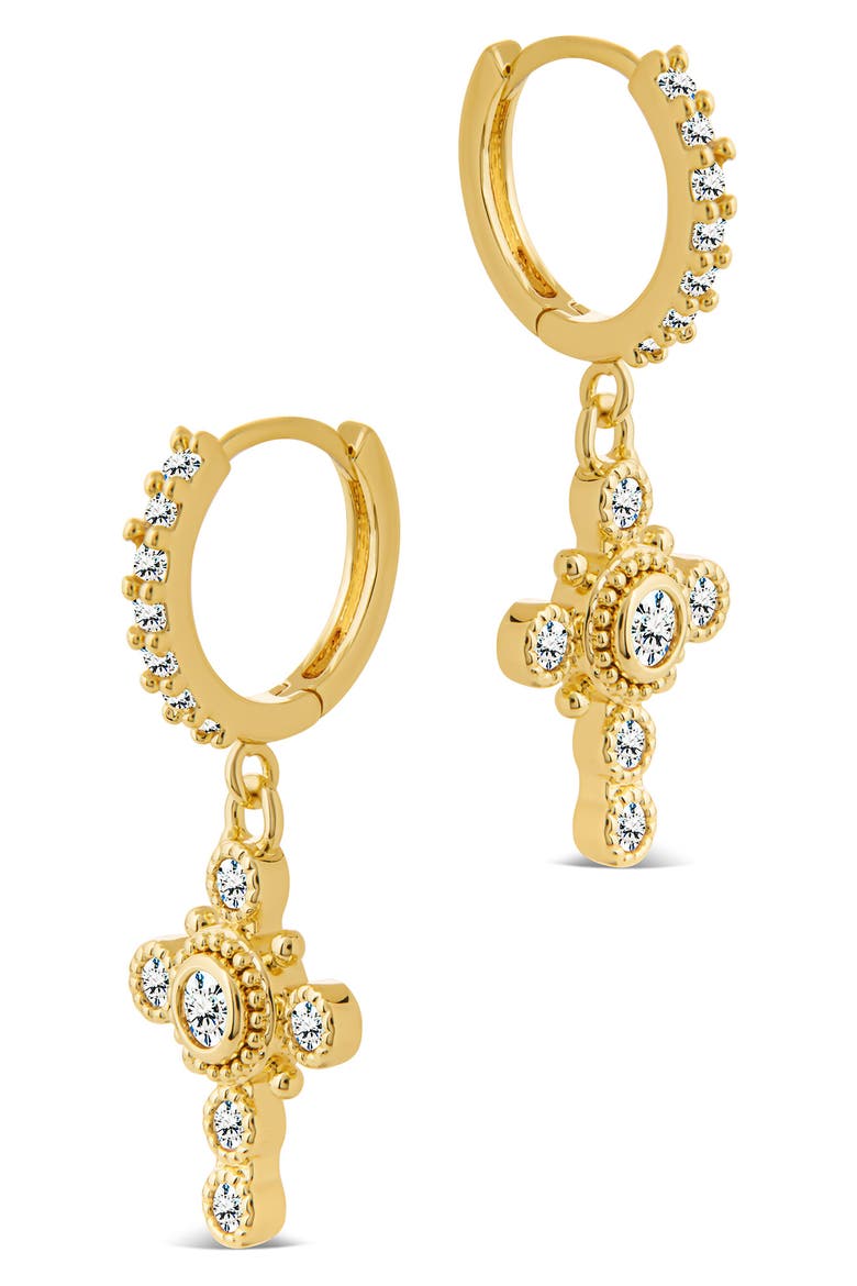 Lisbeth Micro Hoop Cubic Zirconia Cross Drop Earrings, Alternate, color, GOLD
