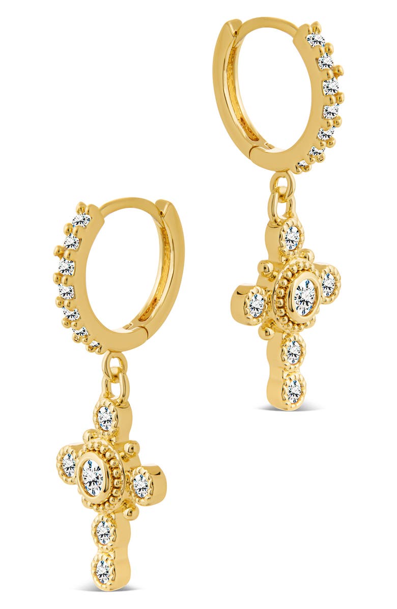 Sterling Forever Lisbeth Micro Hoop Cubic Zirconia Cross Drop Earrings, Alternate, color, Gold