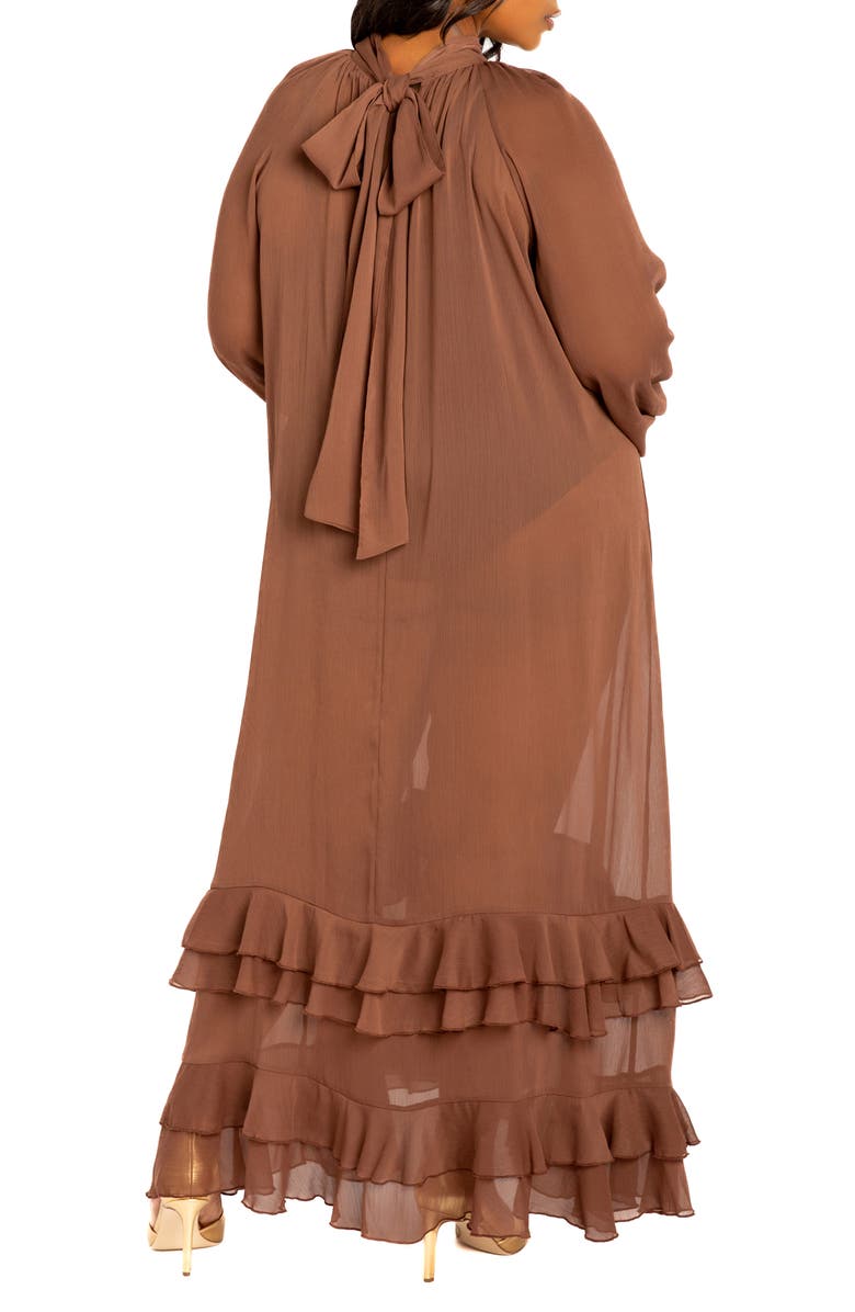 BUXOM COUTURE Tiered Tie Neck Ruffle Gown, Alternate, color, Brown