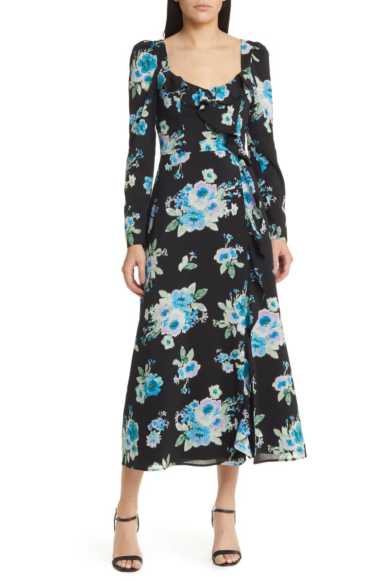 Charles Henry Floral Print Ruffle Long Sleeve Midi Dress, Main, color,