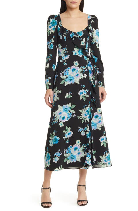 Floral Print Ruffle Long Sleeve Midi Dress