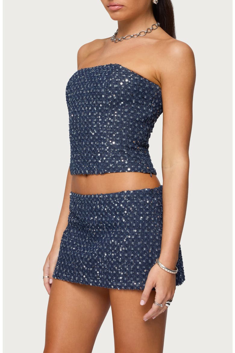 Sora Strapless Denim Crop Top, Alternate, color, DARK-BLUE