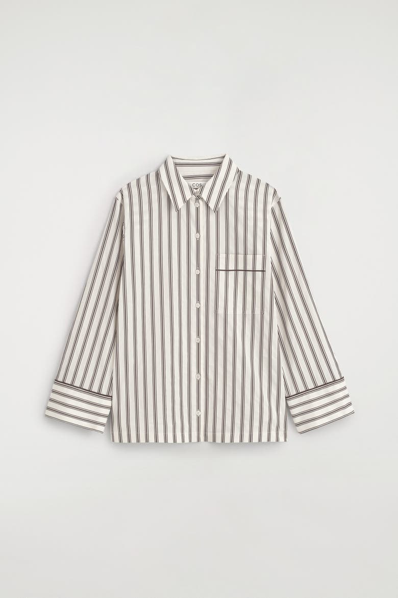 Piped Striped Cotton Shirt, Alternate, color, WHITE / BROWN / STRIPED