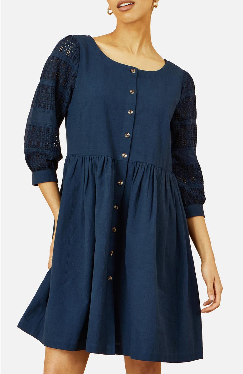 Yumi Broderie Anglaise Puff Sleeve Dress, Alternate, color, Navy