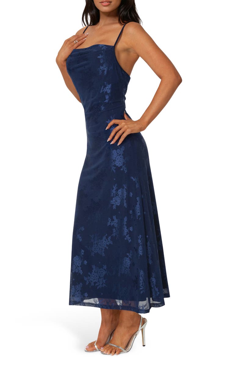 bebe Jacquard Mesh Cowl Neck Dress, Alternate, color, Navy