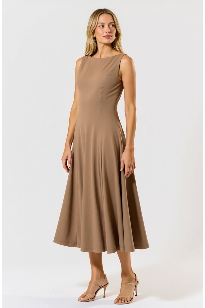 Sleeveless Boat Neck Fit and Flare Midi Dress with Seam Detailing, Alternate, color, Brown