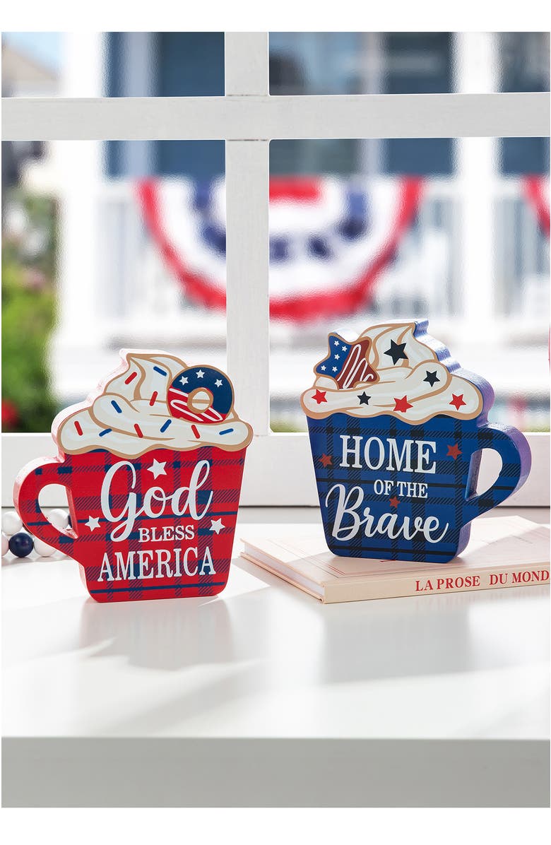 Glitzhome Set of 2 Patriotic Americana Wooden Coffee Cup Table Decor, Alternate, color, 
