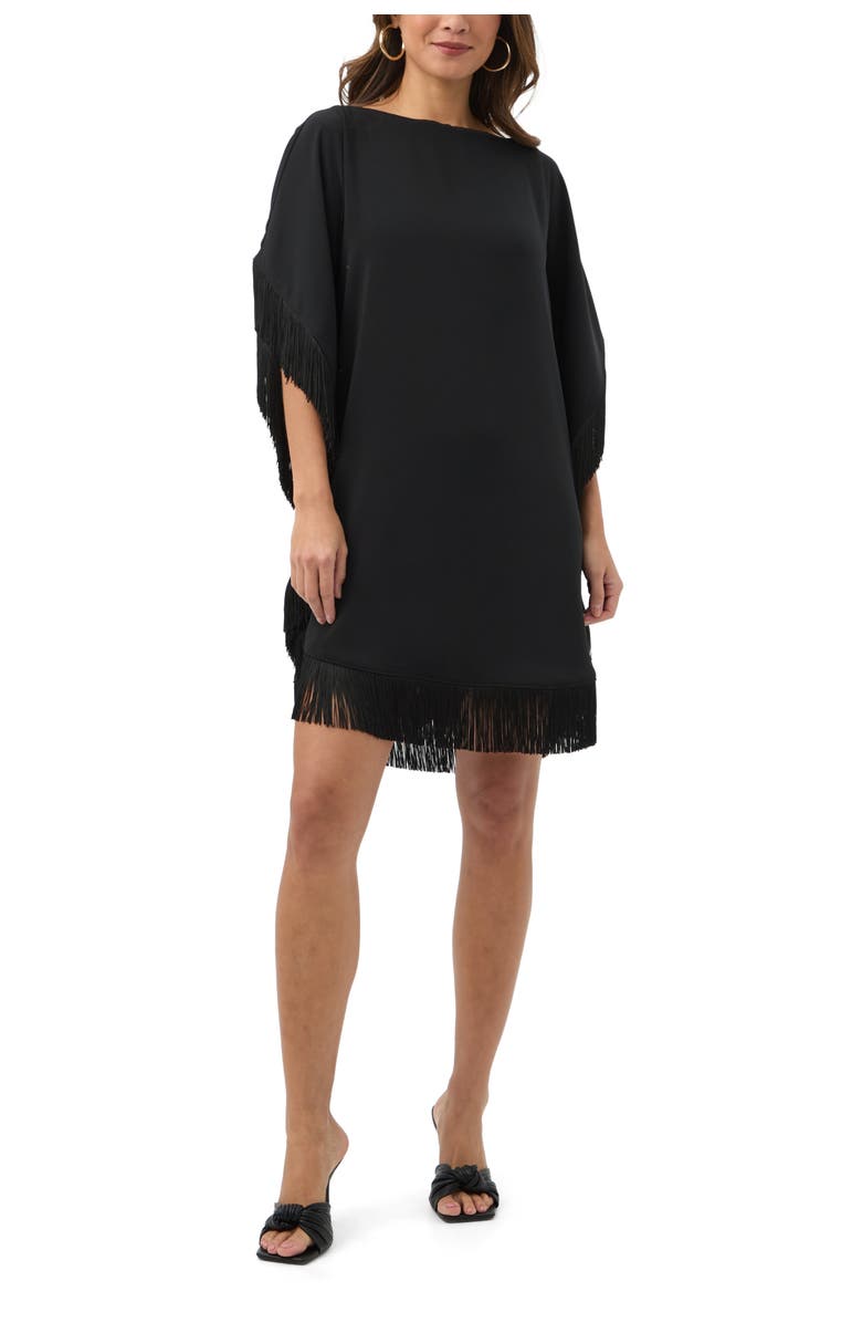 Trina Turk Mini Neena Fringe Trim Caftan Dress, Main, color, Black