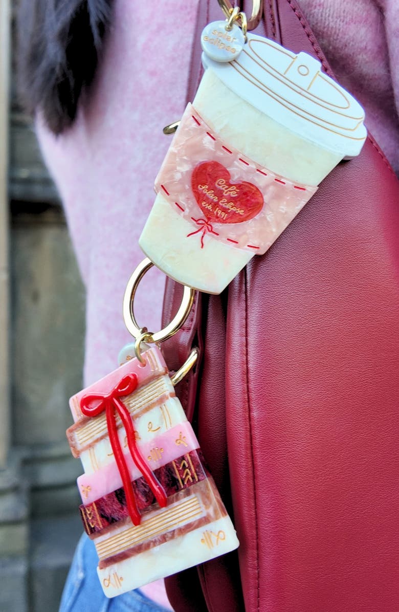 Solar Eclipse Hand Painted Coffee Cup Key Chain Bag Charm, Alternate, color, Cream