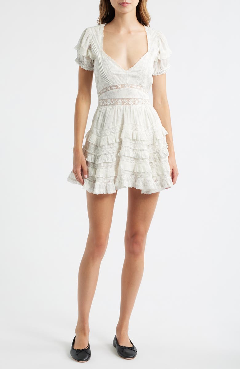 LoveShackFancy Nivara Lace Inset Tiered Cotton Mini Sundress, Main, color, Chantilly
