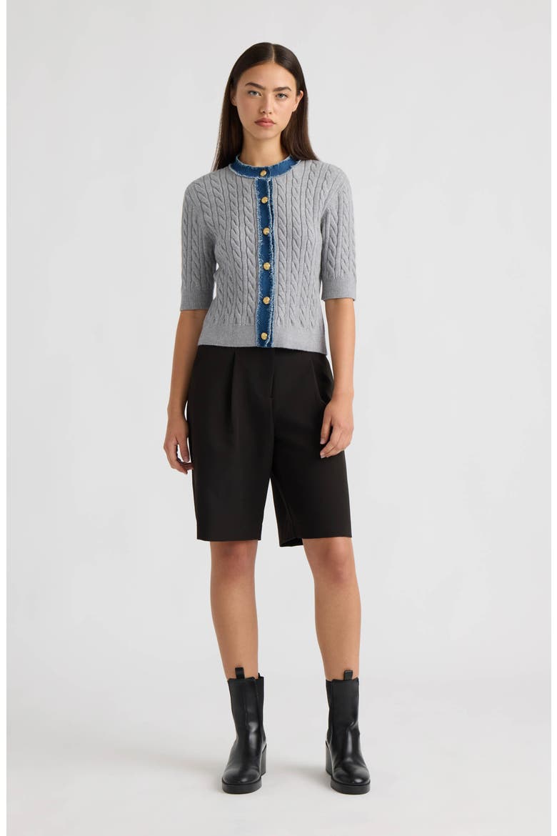 Cable Cardigan with Denim Trim, Alternate, color, LIGHT GREY MIX