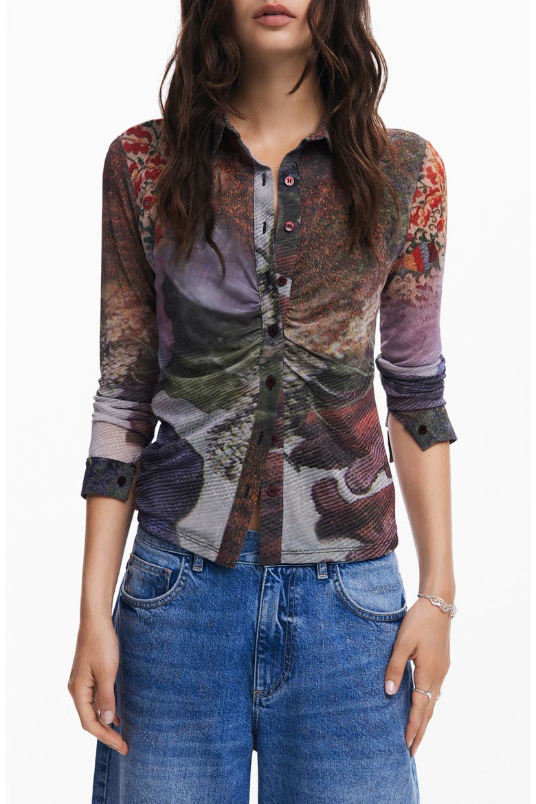 Maryland Ruched Mesh Button-Up Shirt, Main, color, MIX
