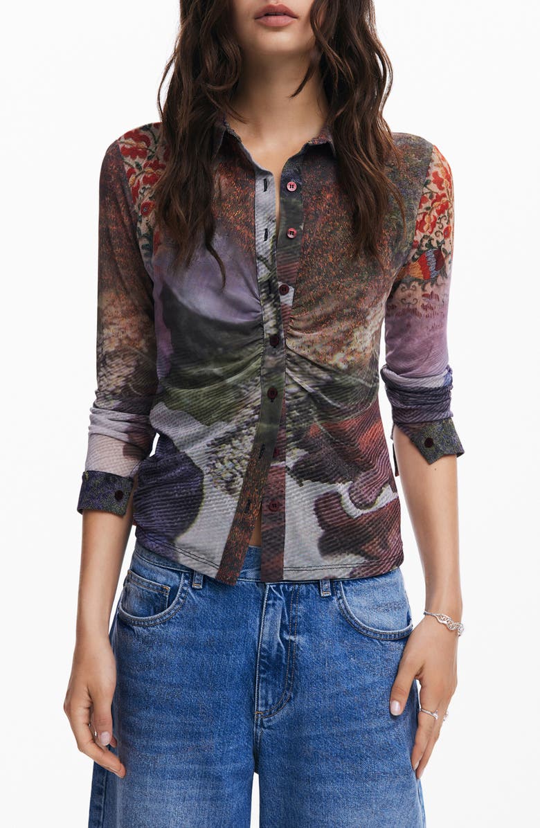 Desigual Maryland Ruched Mesh Button-Up Shirt, Main, color, Mix