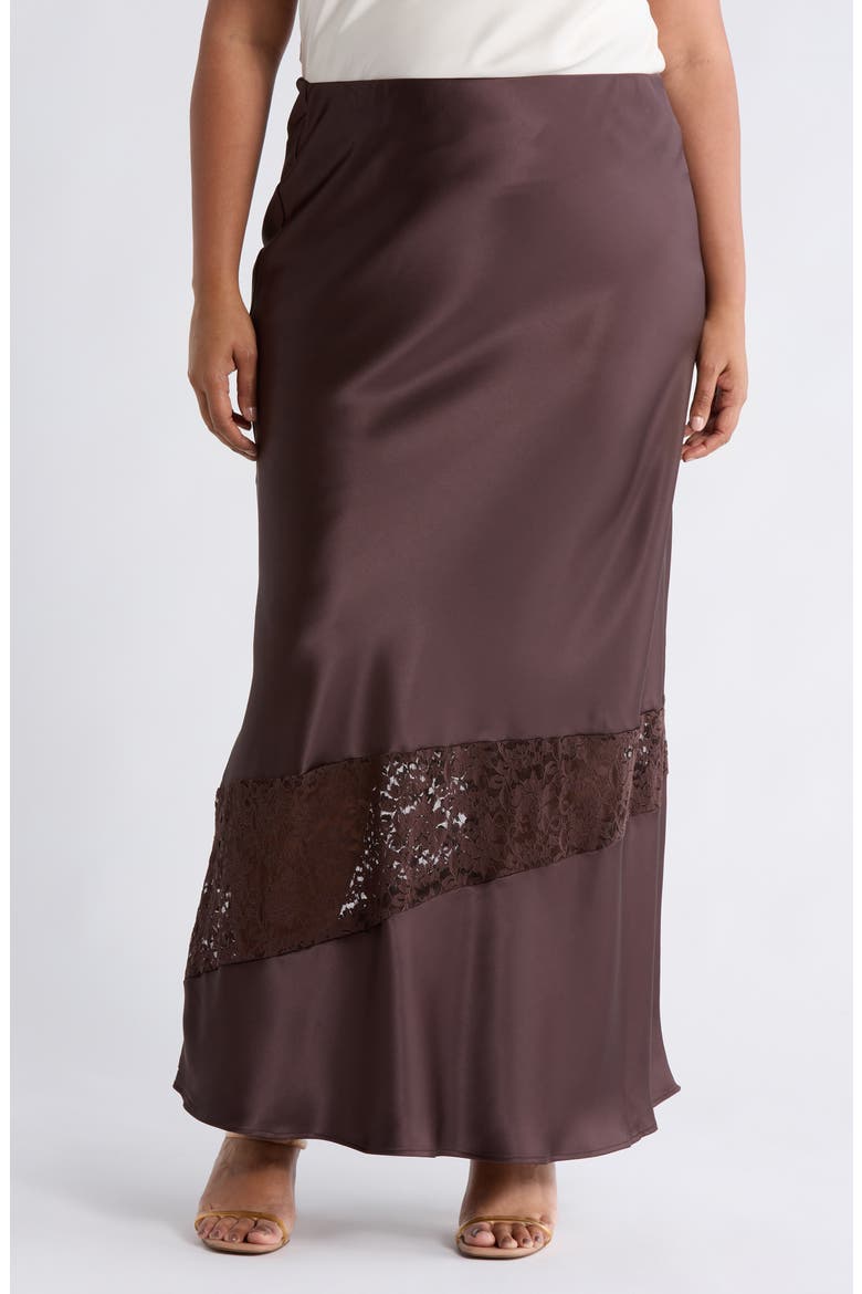 Lace Trim Satin Maxi Skirt, Main, color, BROWN