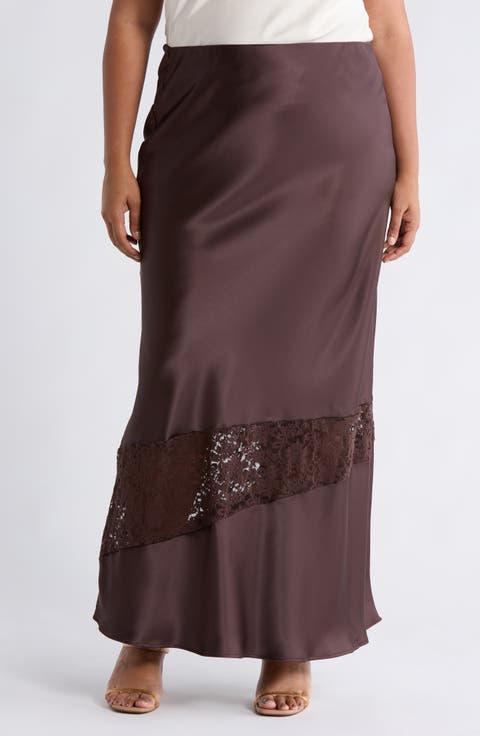Lace Trim Satin Maxi Skirt (Plus)