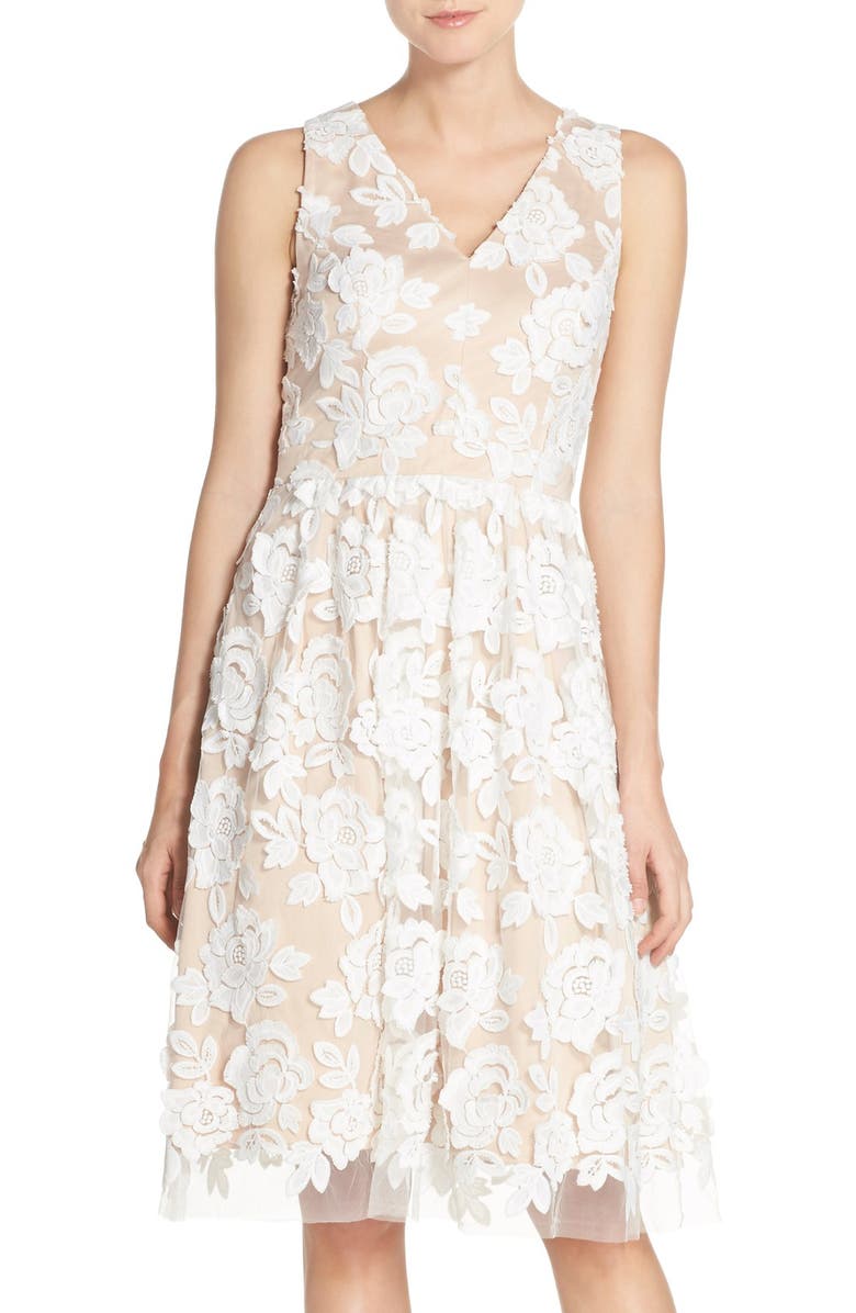 Eliza J Embroidered Mesh Fit & Flare Dress, Main, color,