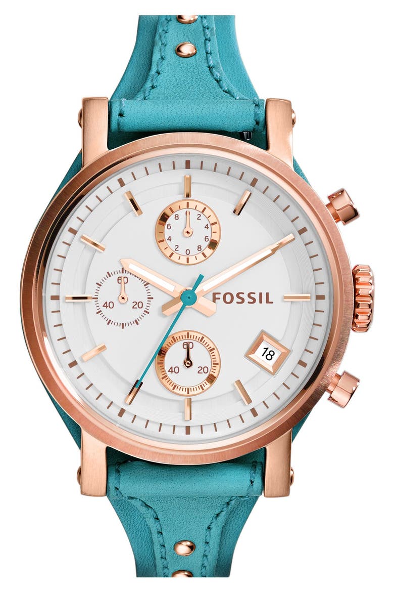 'Original Boyfriend' Chronograph Leather Strap Watch, 38mm, Main, color, BLUE/ ROSE GOLD