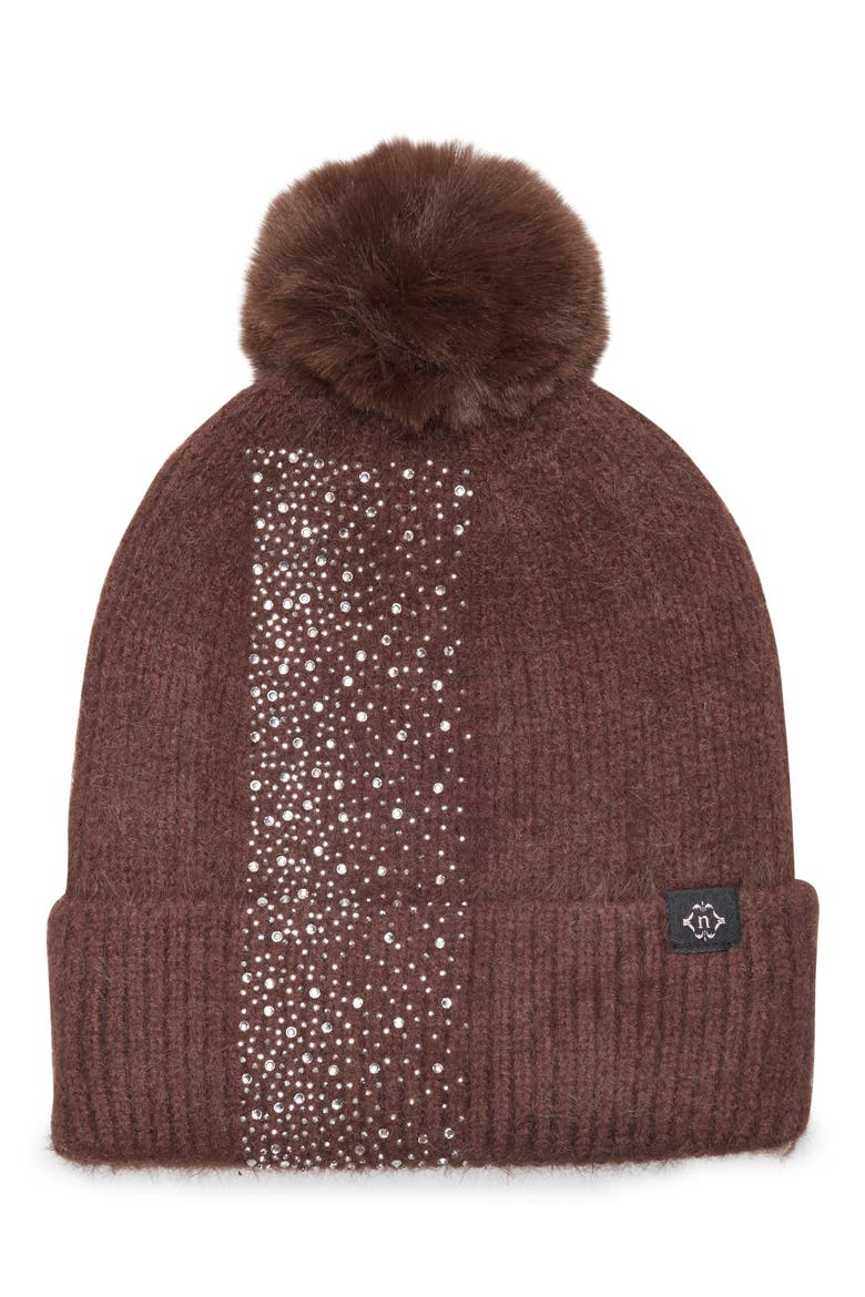 Embellished Faux Fur Pom Beanie, Main, color, BROWN