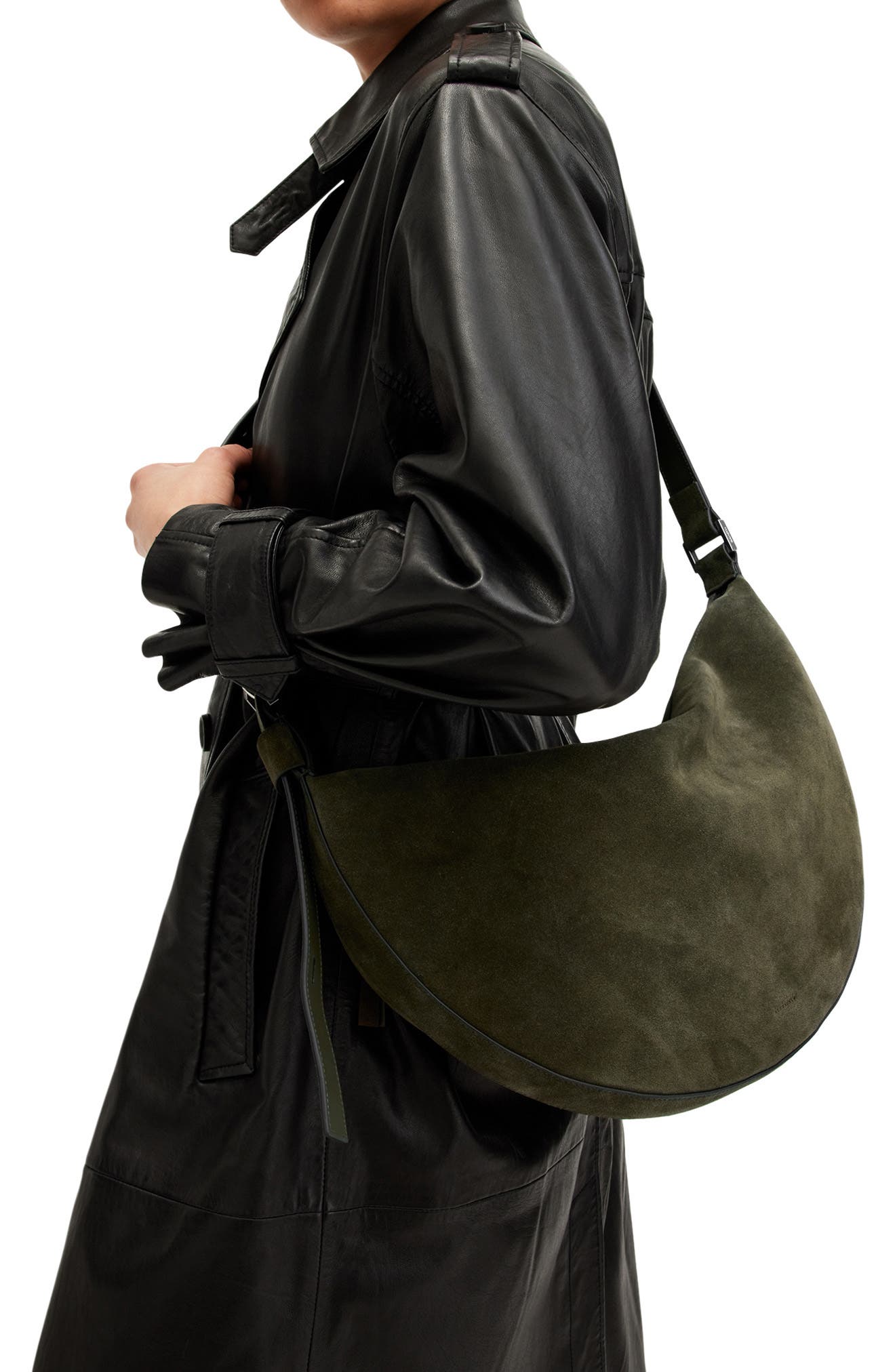 AllSaints Half Moon Suede Shoulder Bag, Alternate, color, 