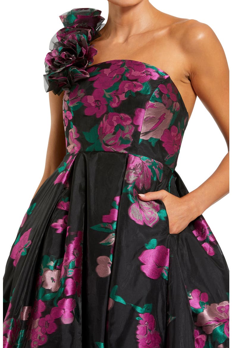 One Shoulder Floral Brocade Ballgown, Alternate, color, Black Multi