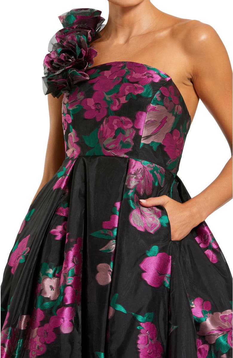 Mac Duggal One Shoulder Floral Brocade Ballgown, Alternate, color, Black Multi