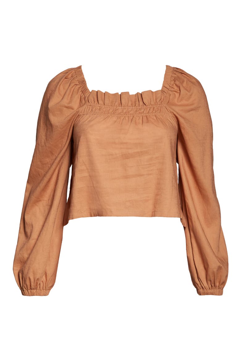 Linen Blend Babydoll Crop Blouse, Alternate, color, TAN MOCHA