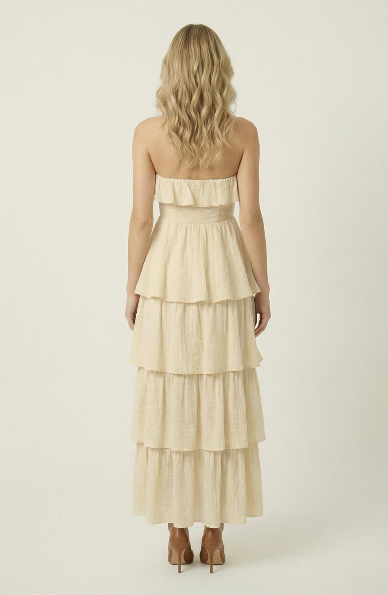 Modenaire Strapless Tiered Ruffle Maxi Dress with High Slit, Alternate, color, Cream