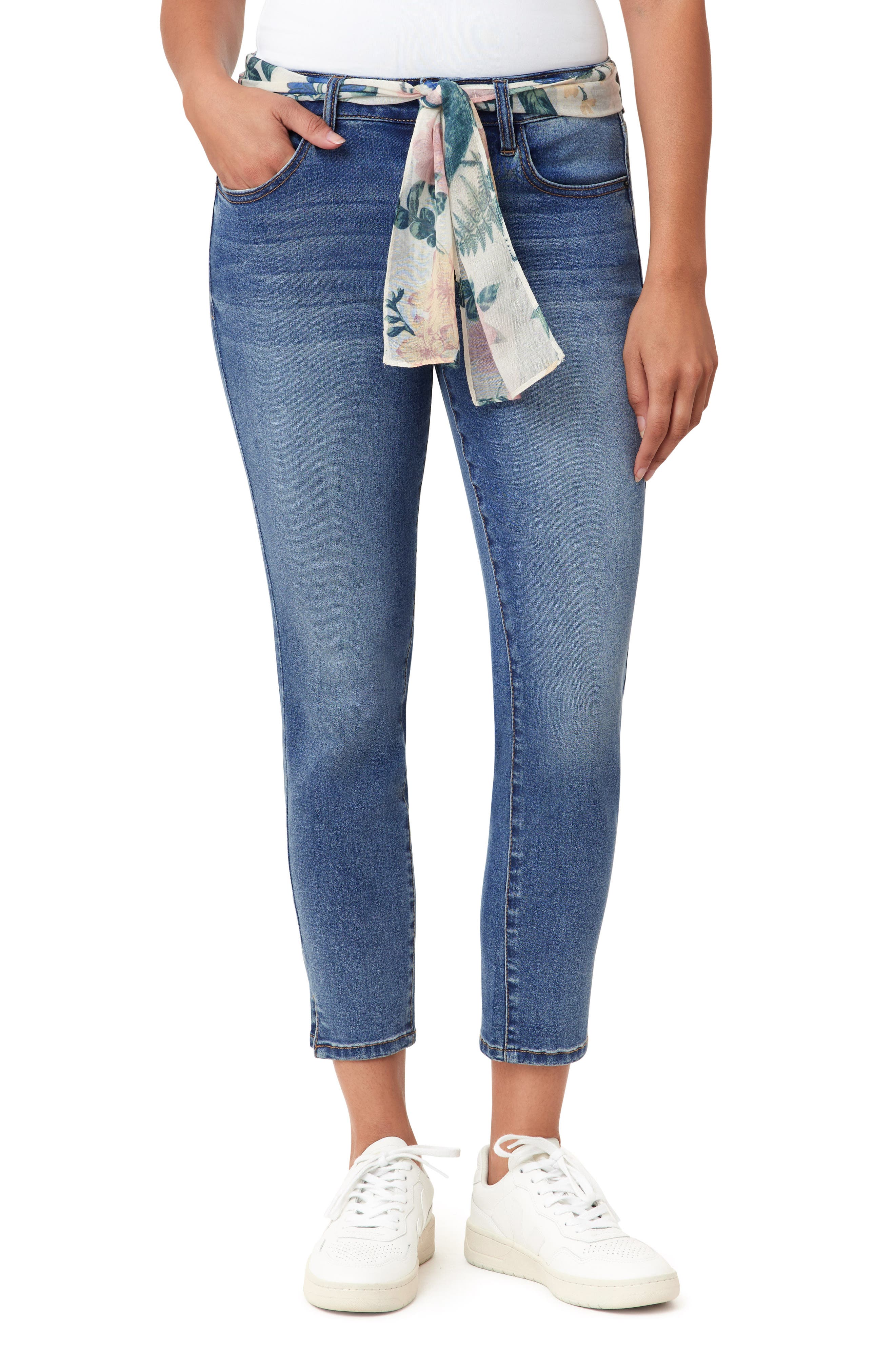 Kensie Belted Mid Rise Skinny Cropped Jeans