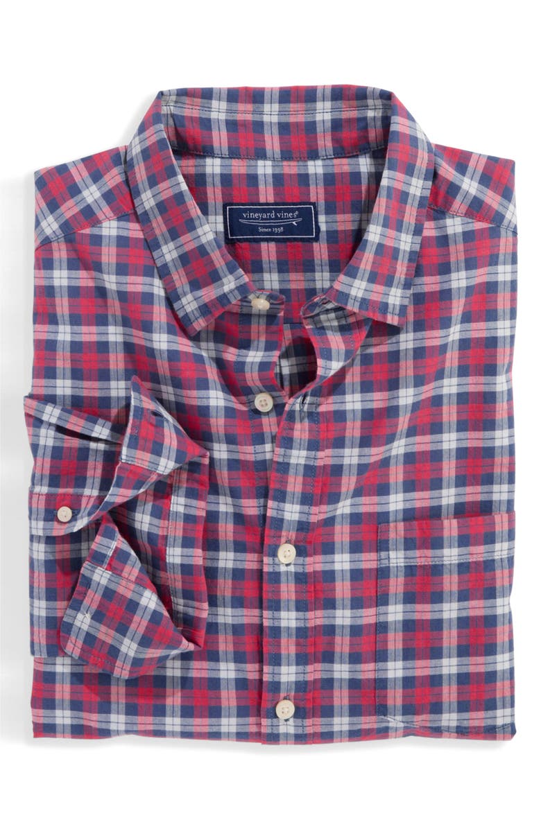 vineyard vines Overlook Regular Fit Plaid Cotton Madras Button-Up Shirt, Main, color, Sailors Red