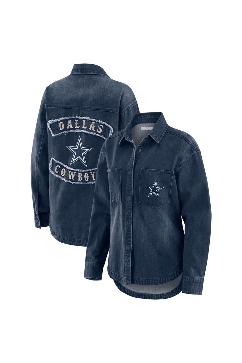 Women's WEAR by Erin Andrews Denim Dallas Cowboys Washed Oversized Denim Full-Snap Shacket, Main, color, Denim
