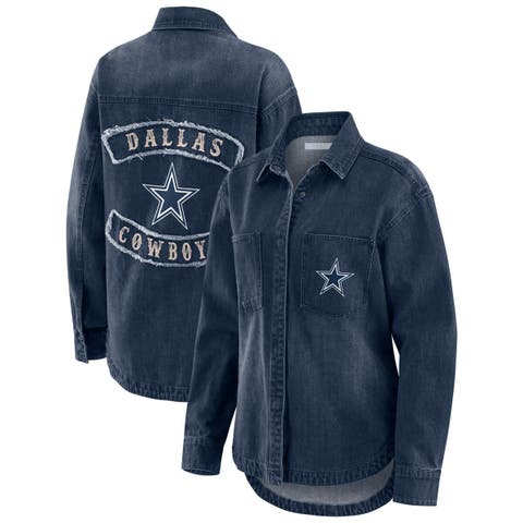 Women's WEAR by Erin Andrews Denim Dallas Cowboys Washed Oversized Denim Full-Snap Shacket