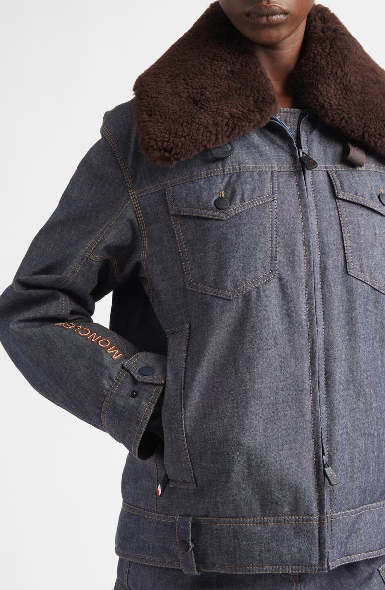 Moncler Grenoble Yunque Denim Down Trucker Jacket with Genuine Shearling Collar, Alternate, color, Blue