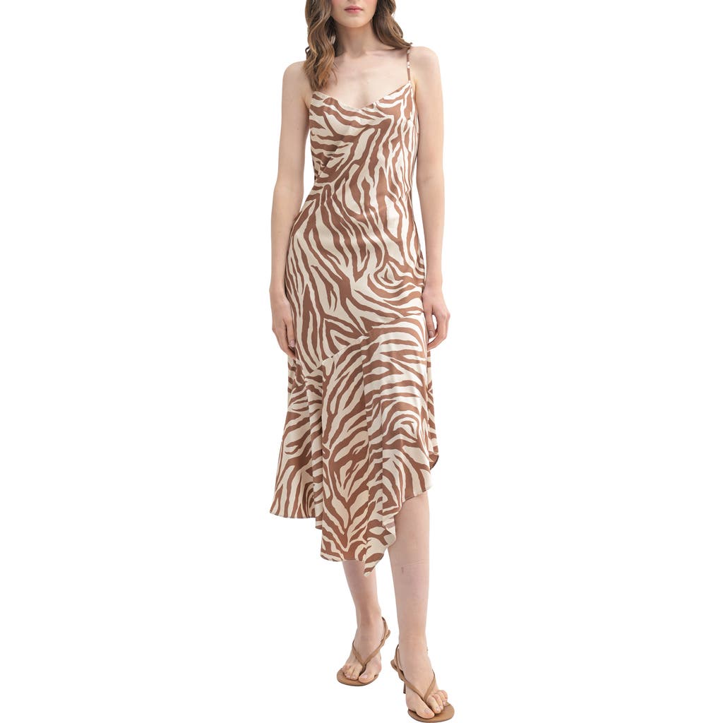 Lush Stripe Asymmetric Hem Midi Slipdress In Brown Abstract