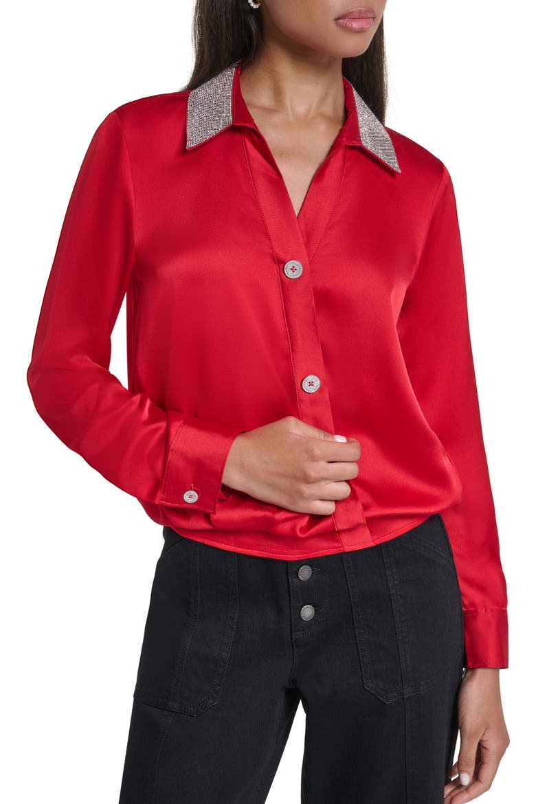 Crystal Collar Satin Surplice Shirt, Main, color, ADMIRAL RED
