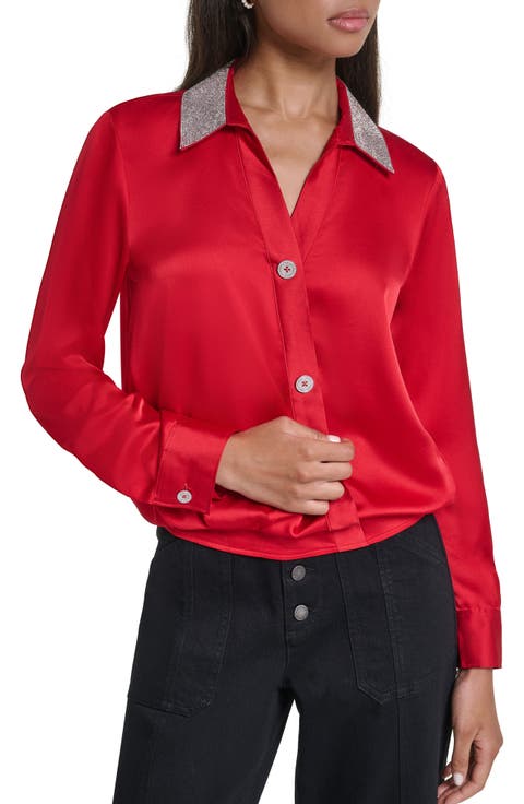 Crystal Collar Satin Surplice Shirt