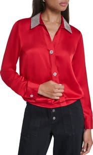 KARL LAGERFELD PARIS Crystal Collar Satin Surplice Shirt