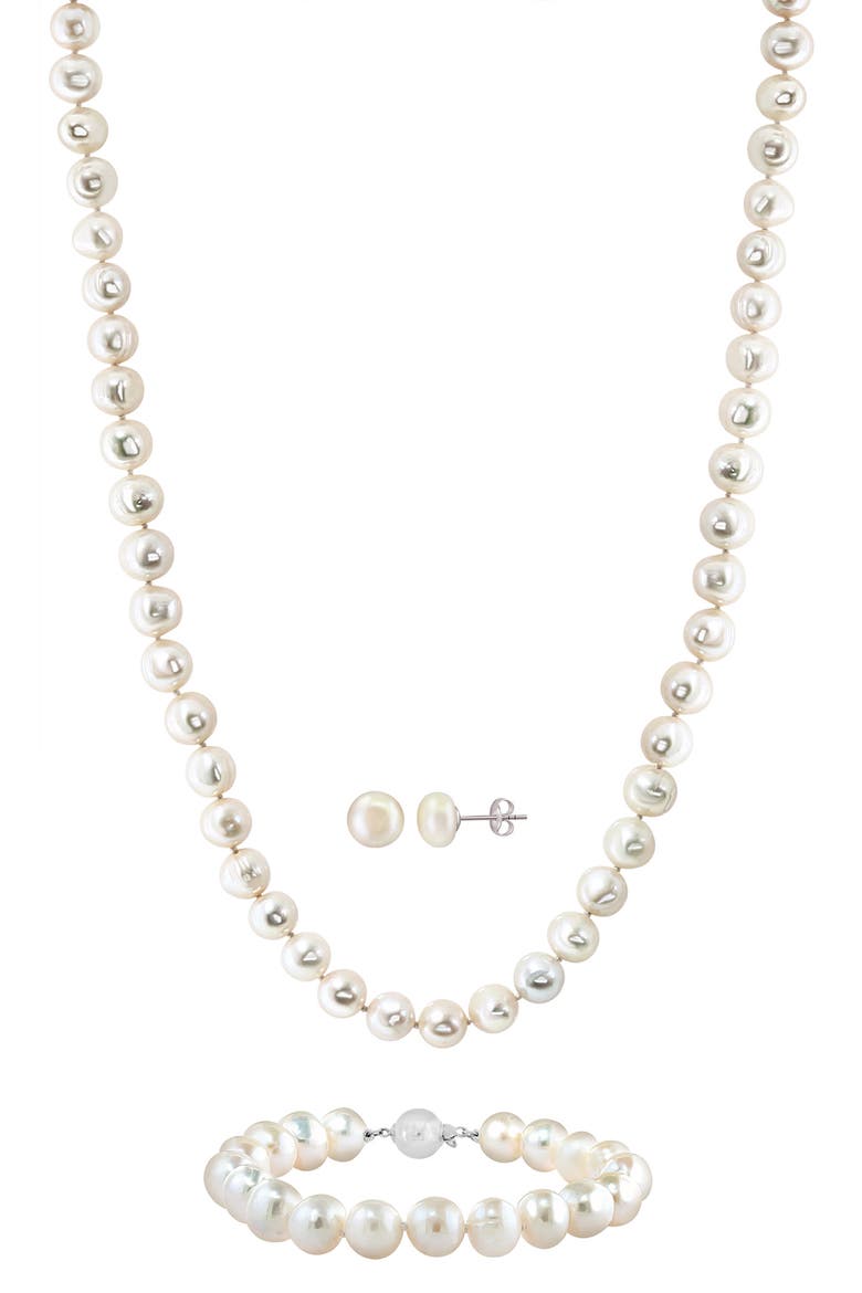 Sterling Silver Pearl Stud Earrings, Bracelet & Necklace Set, Main, color, WHITE