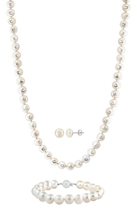 Sterling Silver Pearl Stud Earrings, Bracelet & Necklace Set