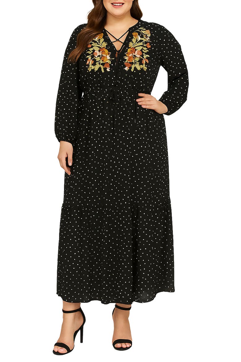 Embroidered Detail Polka Dot Long Sleeve Maxi Dress, Main, color, BLACK